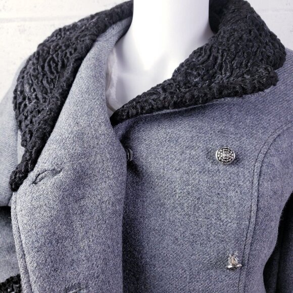 Vintage Curly Lamb Fur Wool Coat Double Breasted Knee Length Coat Gray  Medium - Picture 9 of 16